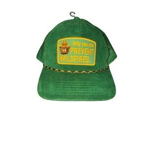 Smokey Bear Cap Hat Only You Can Prevent Wildfires Vintage Style Corduroy Green
